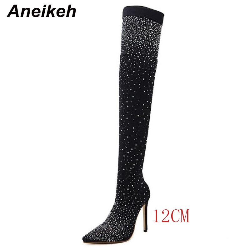 Aneikeh Sexy High Heels Sock Over-the-Knee Boots Pointed Toe Design Crystal Rhinestone Stretch Fabric Pole Dancing Women Shoes
