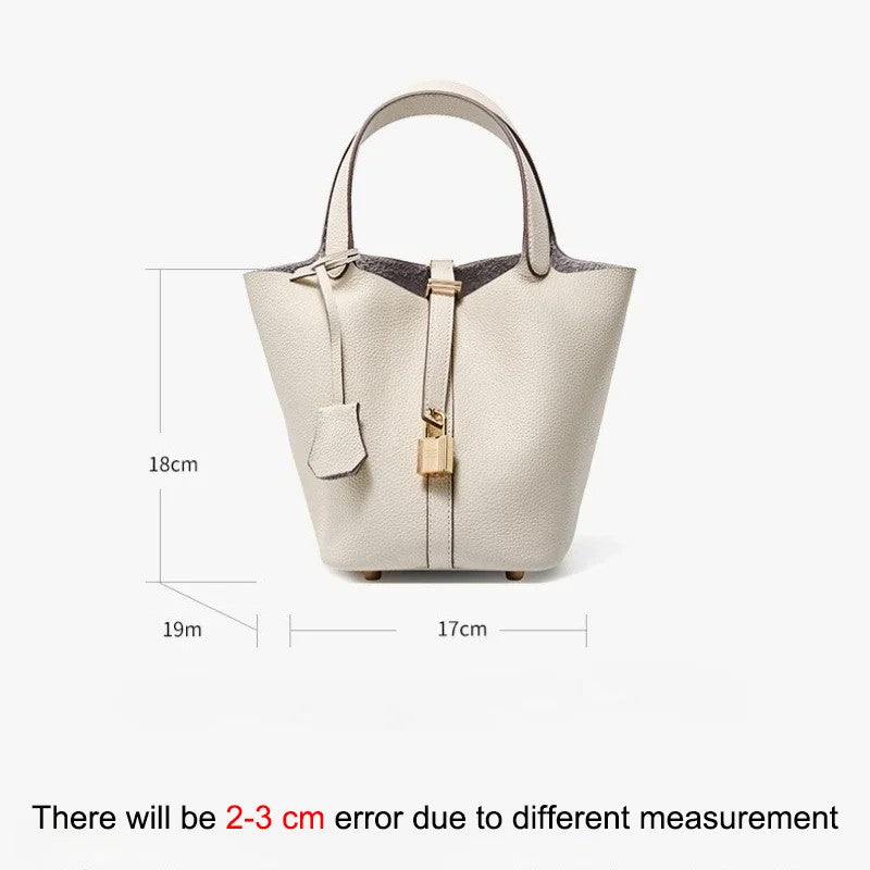 Genuine Leather Shoulder Bucket Bag Women Litchi Pattern Mini Basket Tote Soft Handbag Mommy Bride Wedding Bags with Lock