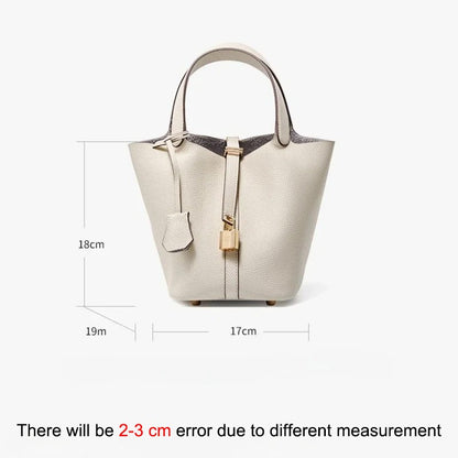 Genuine Leather Shoulder Bucket Bag Women Litchi Pattern Mini Basket Tote Soft Handbag Mommy Bride Wedding Bags with Lock