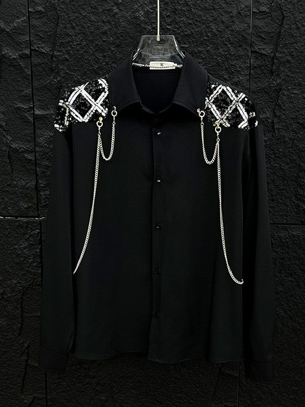New high-end personalized metal chain design for men's long sleeved patchwork loose sequined shirt