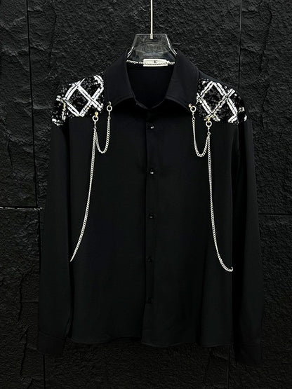 New high-end personalized metal chain design for men's long sleeved patchwork loose sequined shirt