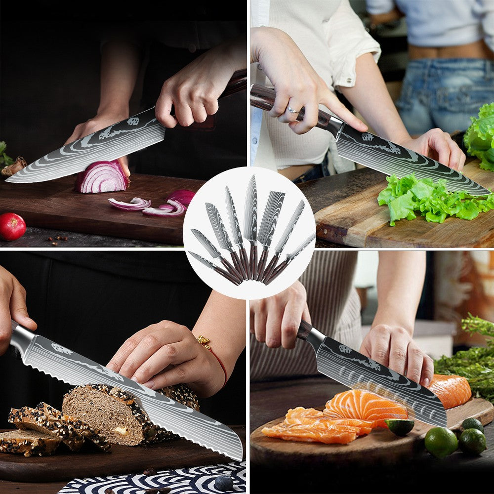 MDHAND Conjunto de Facas de Cozinha 7CR17 8 Peças Aço Inoxidável Afiado Faca de Chef para Fatiar Carne Cutelo Padrão de Damasco a Laser Faca de Chef Afiada