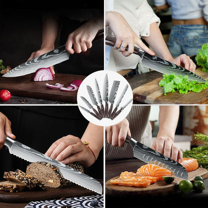 MDHAND Conjunto de Facas de Cozinha 7CR17 8 Peças Aço Inoxidável Afiado Faca de Chef para Fatiar Carne Cutelo Padrão de Damasco a Laser Faca de Chef Afiada