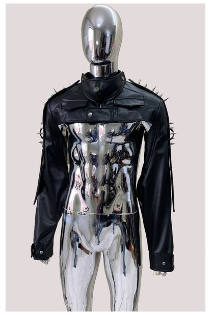 Mauroicardi Cool Black Cropped Pu Leather Jacket Men Rivet Shoulder Pads Zip Up Short Luxury Punk Style Clothes European Fashion