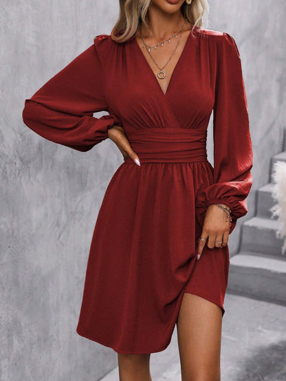 Dresses 2025 Woman Clothing V Neck Lantern Sleeve Wrap Mini Dress Ruched Waist Flowy Hem Elegant for Autumn and Party Styles ?