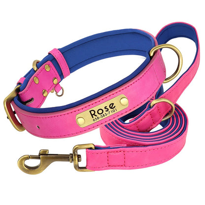 Conjunto Personalizado de Coleira e Guia de Couro para Cães Coleira de Couro Acolchoada Macia para Cães de Pequeno, Médio e Grande Porte com Placa de Identificação Grátis
