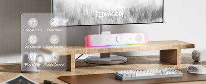 Soundbar de Mesa Redragon GS560 RGB, Alto-falante de Computador de 2.0 Canais com Áudio RGB Dinâmico