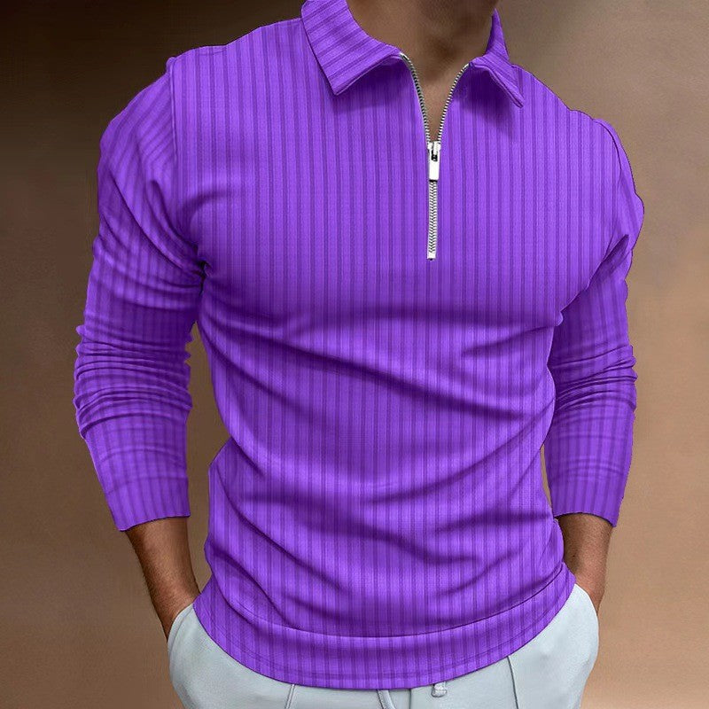 2024 New Men's Autumn And Winter Solid Color Lapel Leisure Sports Polo Shirt Zipper Striped Long Sleeve High Elasticity