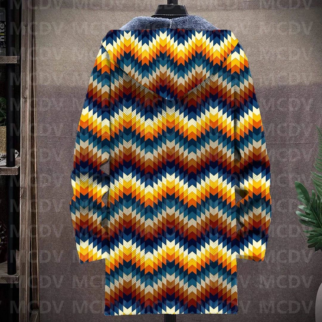 Men's Retro Print Plush Thick Long-Sleeved Coat Cardigan 3D All Over Prined Fleece Hooded Overcoat Unisex Thick Warm Jacket