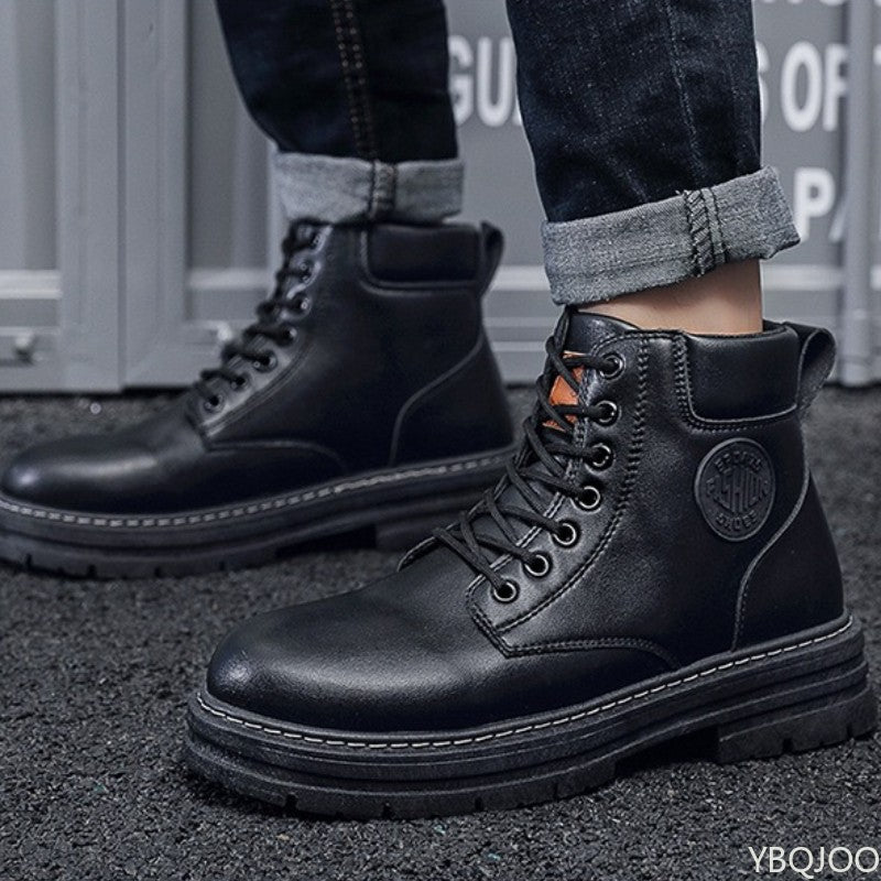 Bota Masculina Cano Alto Aumento de Altura Sola Grossa Primavera Outono Tamanho Grande Tendência Nicho Versátil Antiderrapante Bota Curta