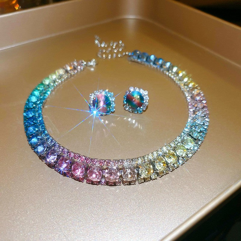 Conjunto de Joias Femininas com Colar de Luxo Verde Strass Brincos de Cristal Gargantilha Colares para Casamentos e Banquetes