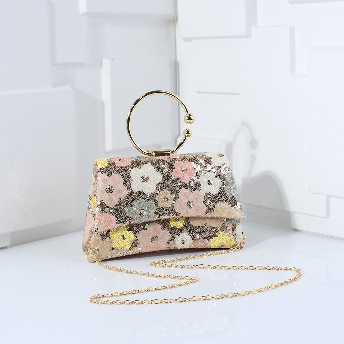 Metal Top Handle Bags for Bridal Women Shiny Sequins Evening Handbag Colorful Flowers Party Clutch Purse Chain Shoulder Bags