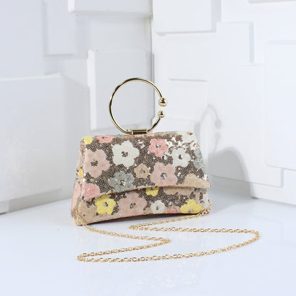 Metal Top Handle Bags for Bridal Women Shiny Sequins Evening Handbag Colorful Flowers Party Clutch Purse Chain Shoulder Bags