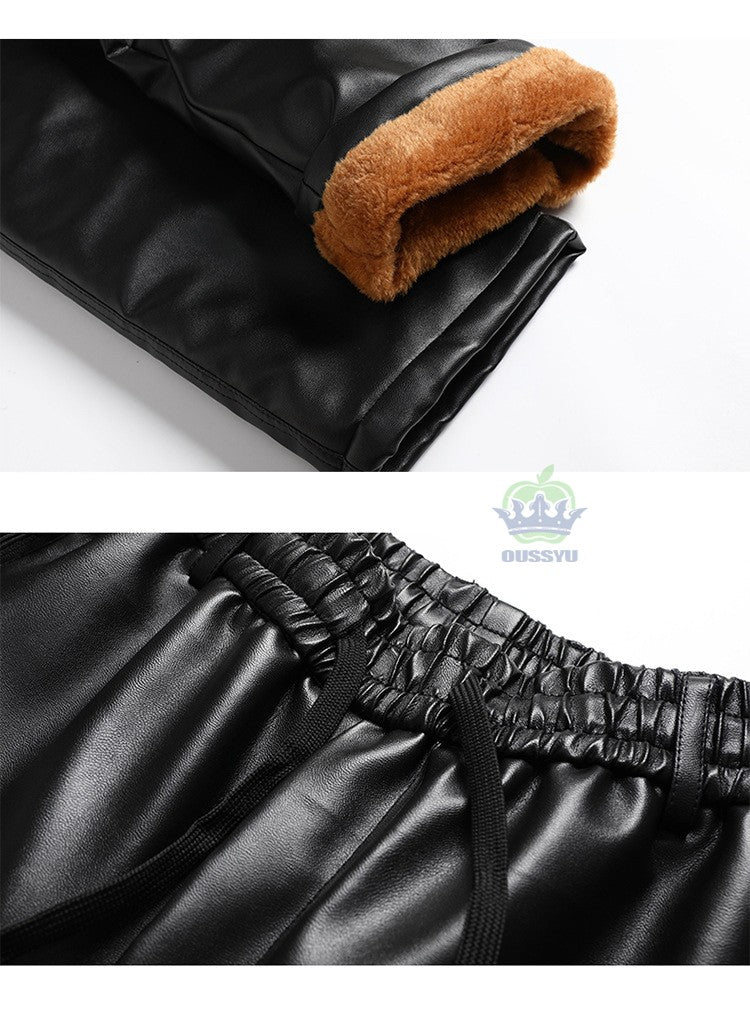 OUSSYU Brand High Quality Winter Outdoors Fleece Warm Pants Men Zippered Pocket Business Straight Flocking PU Trousers Plus Size
