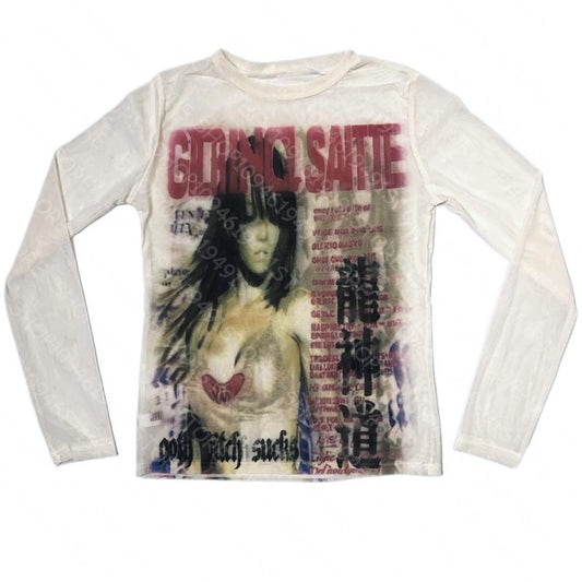 Punk Aesthetic Vintage Y2K Long Sleeve T-shirt Print Cute Grunge Tee Emo Girls Clothes Gothic Fairycore Women's Streetwear