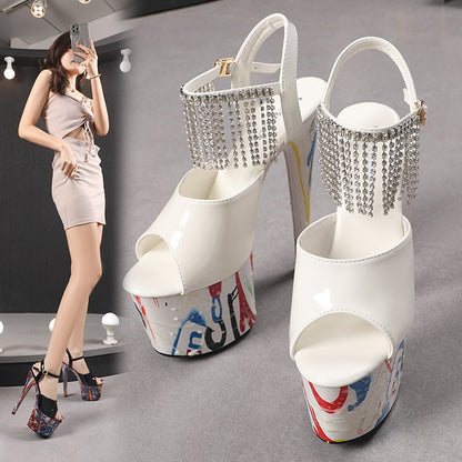 17CM Summer Shoes Women luxury Sandals Platform Ladies Shoes Stripper Womens High Heels Geometric Fluorescent Night light Heels