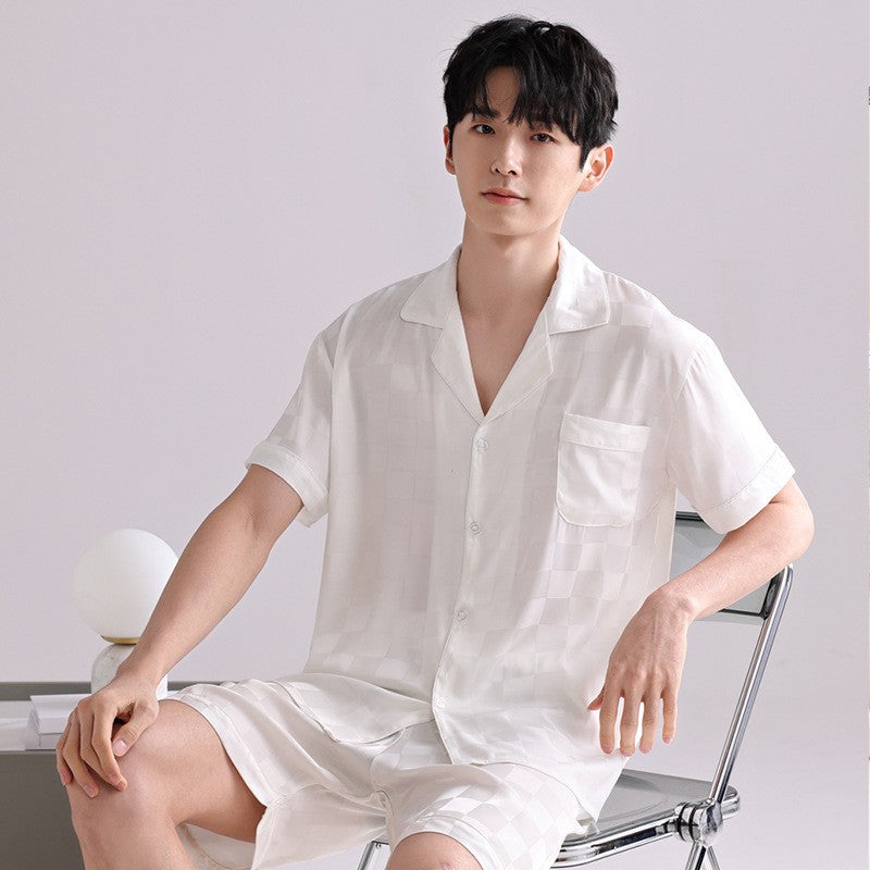Ice Silk Pajamas Men's Spring and Summer Light and Breathable Simulation Silk Satin Short-sleeved Shorts Youth Simple Loungewear
