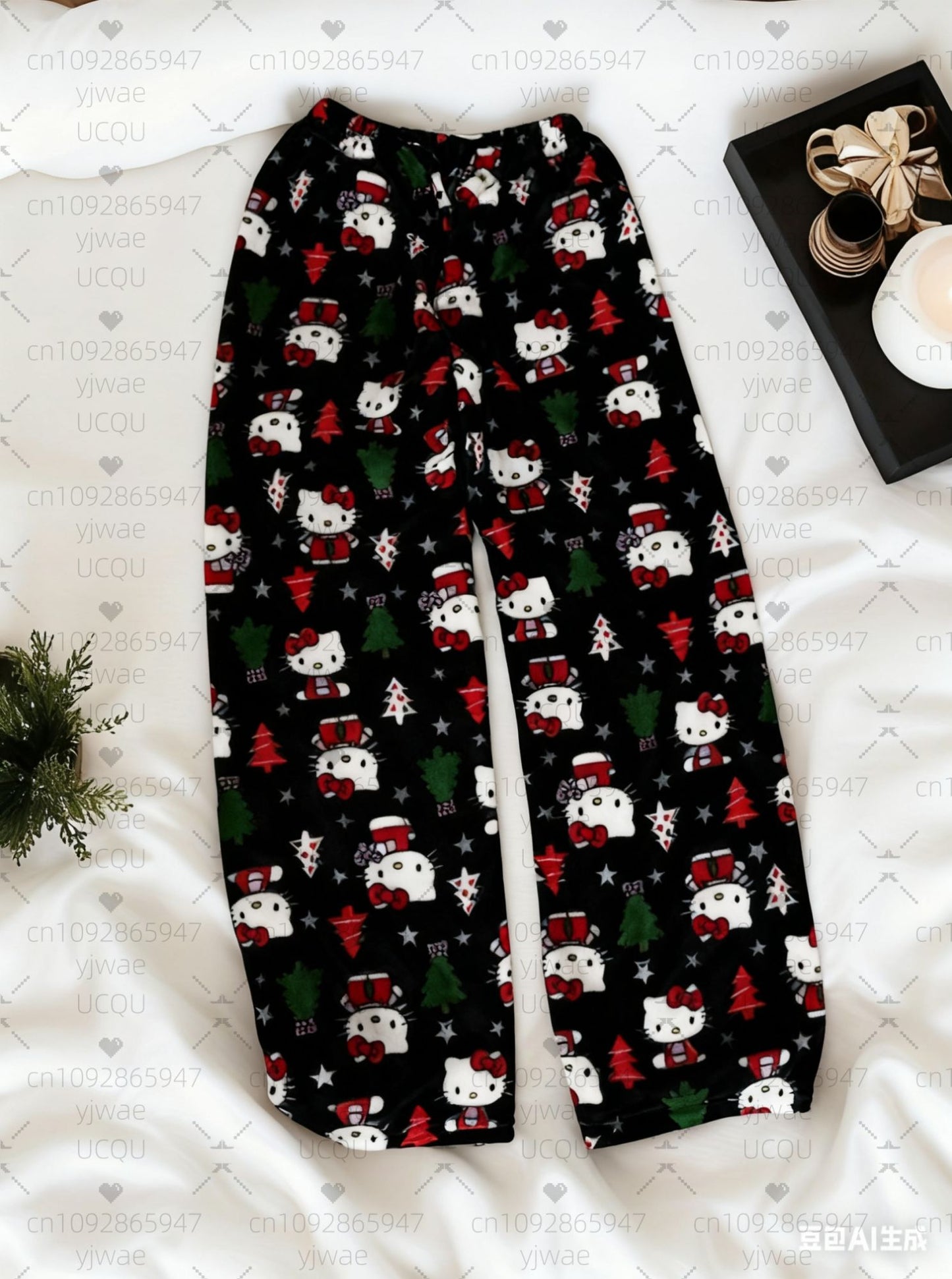 2025 Winter Women Hello Kitty Christmas Tree plush Pajama Pants Soft Trousers Cute Women Casual Home Anime Cartoon  Pajama Pants