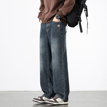 Calça Jeans Masculina Reta Vintage de Primavera Outono Calça Casual de Alta Qualidade Masculina Coreana Moderna Folgada de Perna Larga