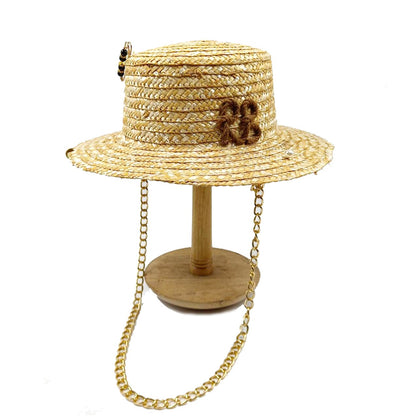 2023 Summer sun hat Lafite grass French straw hat Women's chain decorated straw hat Holiday Sun hat Punk style  beach