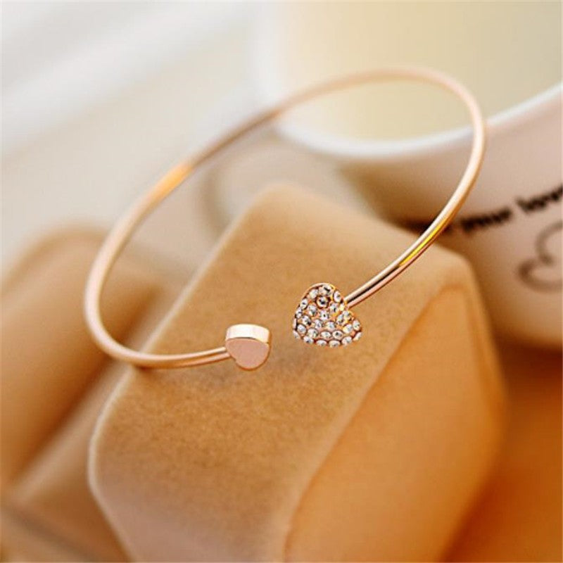 Pulseira Bracelete Aberto Ajustável com Laço de Coração Duplo de Cristal para Mulheres Joias Presente de Ano Novo 2026 Mujer Pulseras
