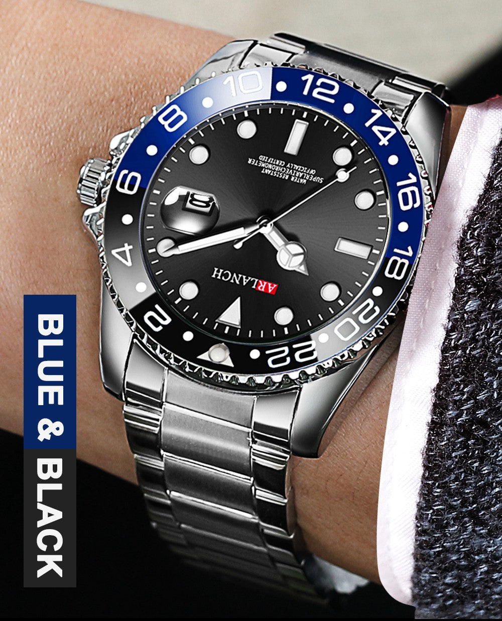 Business Stainless Steel Watch 40mm Classic Red Blue Circle Diving Series Magnifying Glass Calendar Quartz Watches montre homme