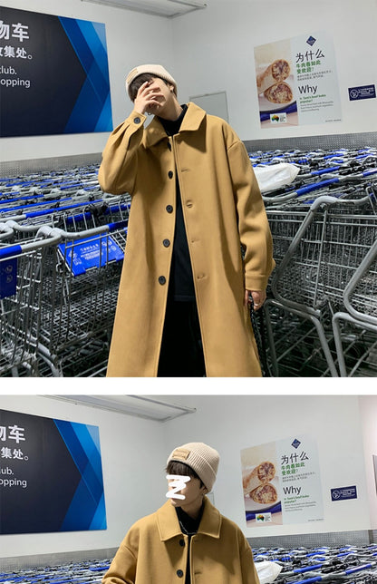 Blends Men X-long Autumn Winter Korean Style Trendy Loose Overcoats Solid Handsome All-match College Harajuku Clothing Mid-calf