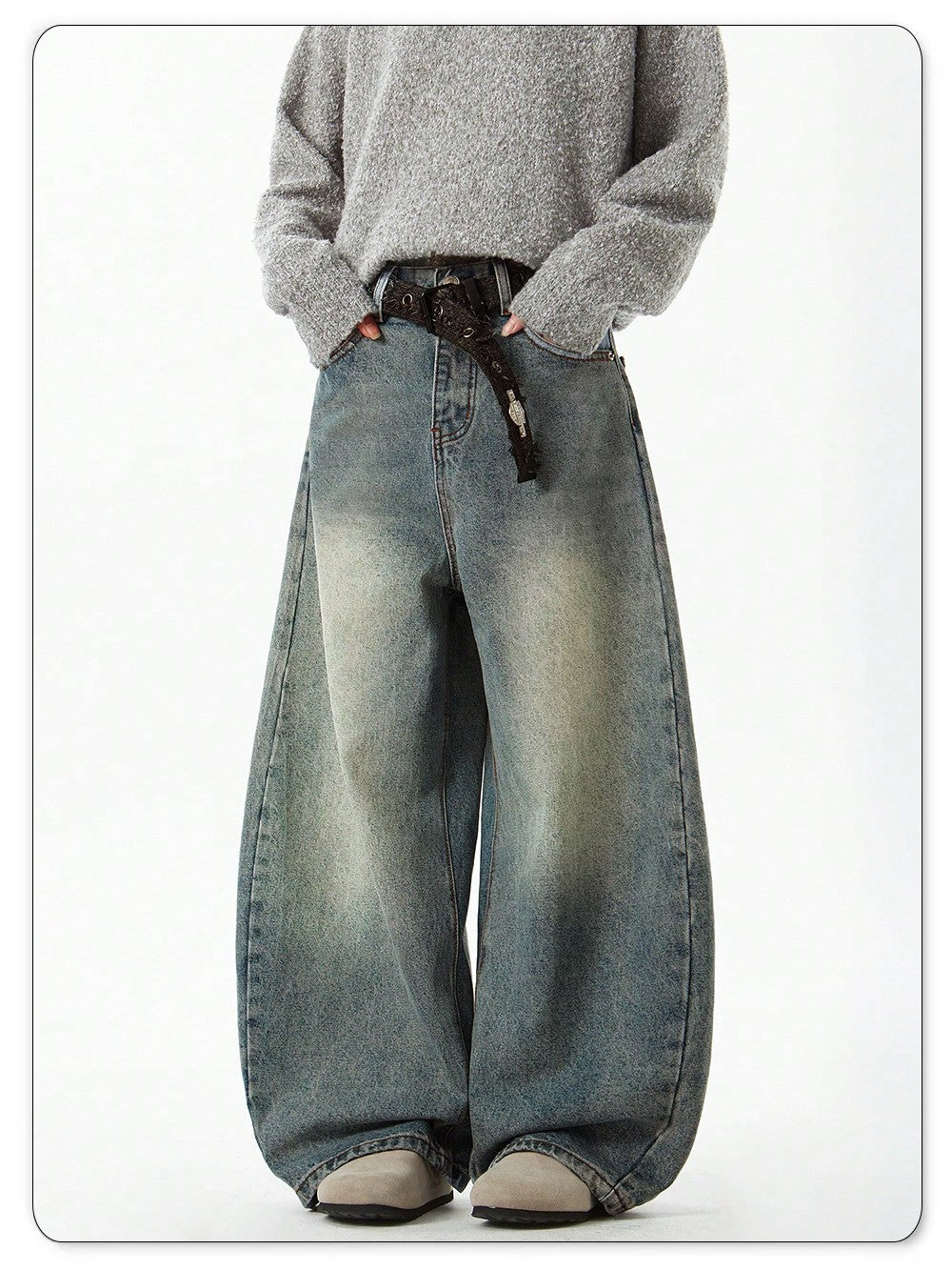 Men's Wear Blue Wide-Leg Denim Pants Baggy Jeans Vintage Three-Dimensional Cut Curved Knife Jeans Loose Fit Summer New Trend