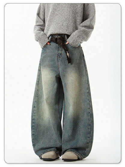 Men's Wear Blue Wide-Leg Denim Pants Baggy Jeans Vintage Three-Dimensional Cut Curved Knife Jeans Loose Fit Summer New Trend
