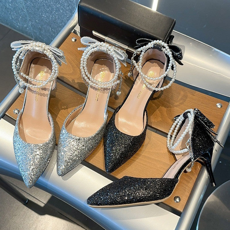 French new pointy shallow mouth temperament elegant sequin bow high heels women's fine heel pearl line with a single shoe