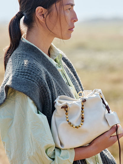 Songmont Genuine Leather Mini Bucket Bag Adjustable Drawstring Multi Straps White Black Blue Casual Chic Crossbody Bag Oversized