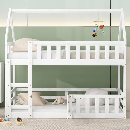 Estrutura de beliche dupla para crianças, meninos, meninas, adultos com cerca e porta, branco