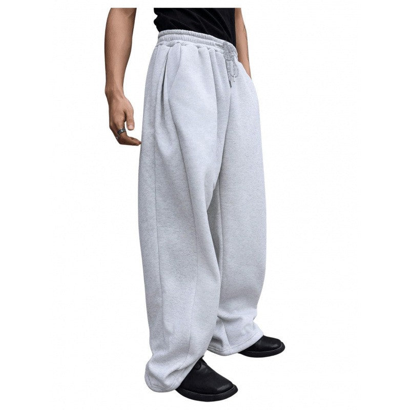 Men's Solid Color Sanitary Pants 2025 Drawstring Waist Straight Wide Leg Loose Fit with Pockets Versatile Sports Trousers