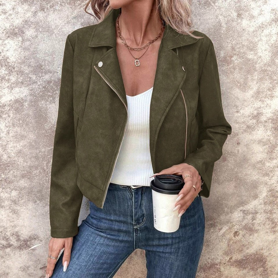 New Autumn Rose Red Women's Short Jacket, Zipper Closure, Lapel Collar, Fashionable Casual Coat.