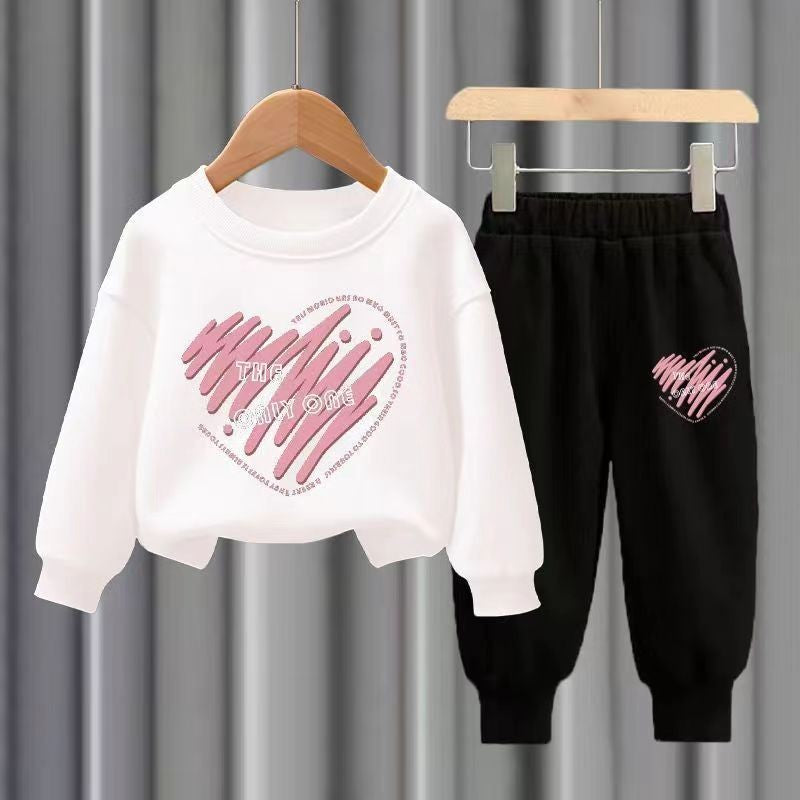 Conjuntos de 2 peças de blusa de manga comprida e calças de outono para crianças, meninos e meninas, agasalho esportivo estampado com corações para meninos e meninas