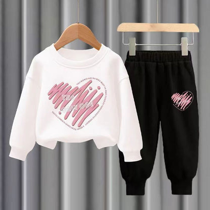 Conjuntos de 2 peças de blusa de manga comprida e calças de outono para crianças, meninos e meninas, agasalho esportivo estampado com corações para meninos e meninas