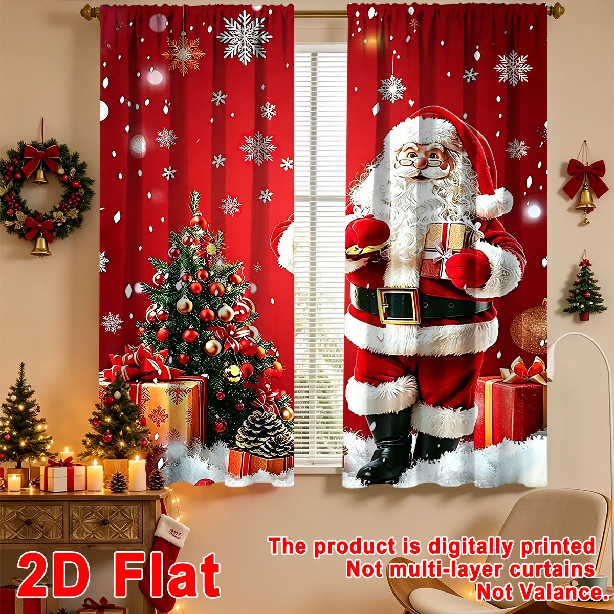 2pcs Merry Christmas Curtains Santa Xmas Tree Design 60*150cm Polyester Window Drapes for Home Bedroom Decor Festive Supplies