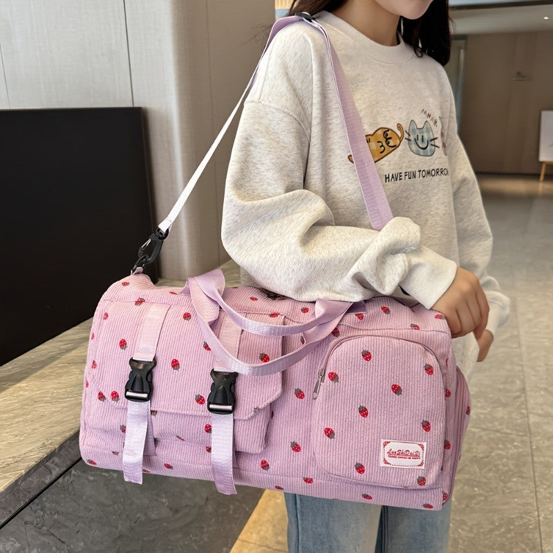 Large Capacity Travel Duffel Bag with Strawberry Pattern, Wet/Dry Separation, Independent Shoe Compartment & Multiple Pockets