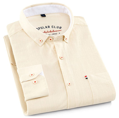Men‘s Solid Button-Down Collar Dress Shirt - Breathable Cotton-Linen Blend - Long Sleeve, Slim-fit - Spring Summer Casual Chic
