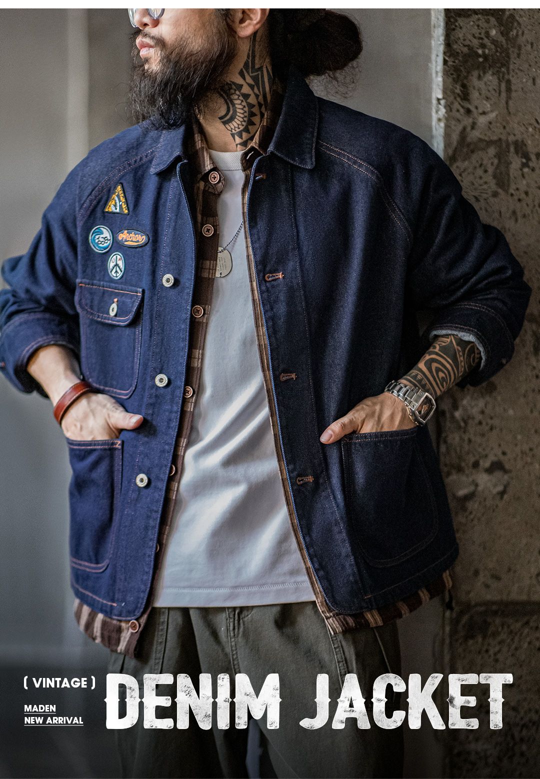 Maden Vintage Embroidered Badge 12.8oz Heavyweight Denim Jacket Washed Lapel Casual Outerwear for Men Spring and Fall Chore Coat