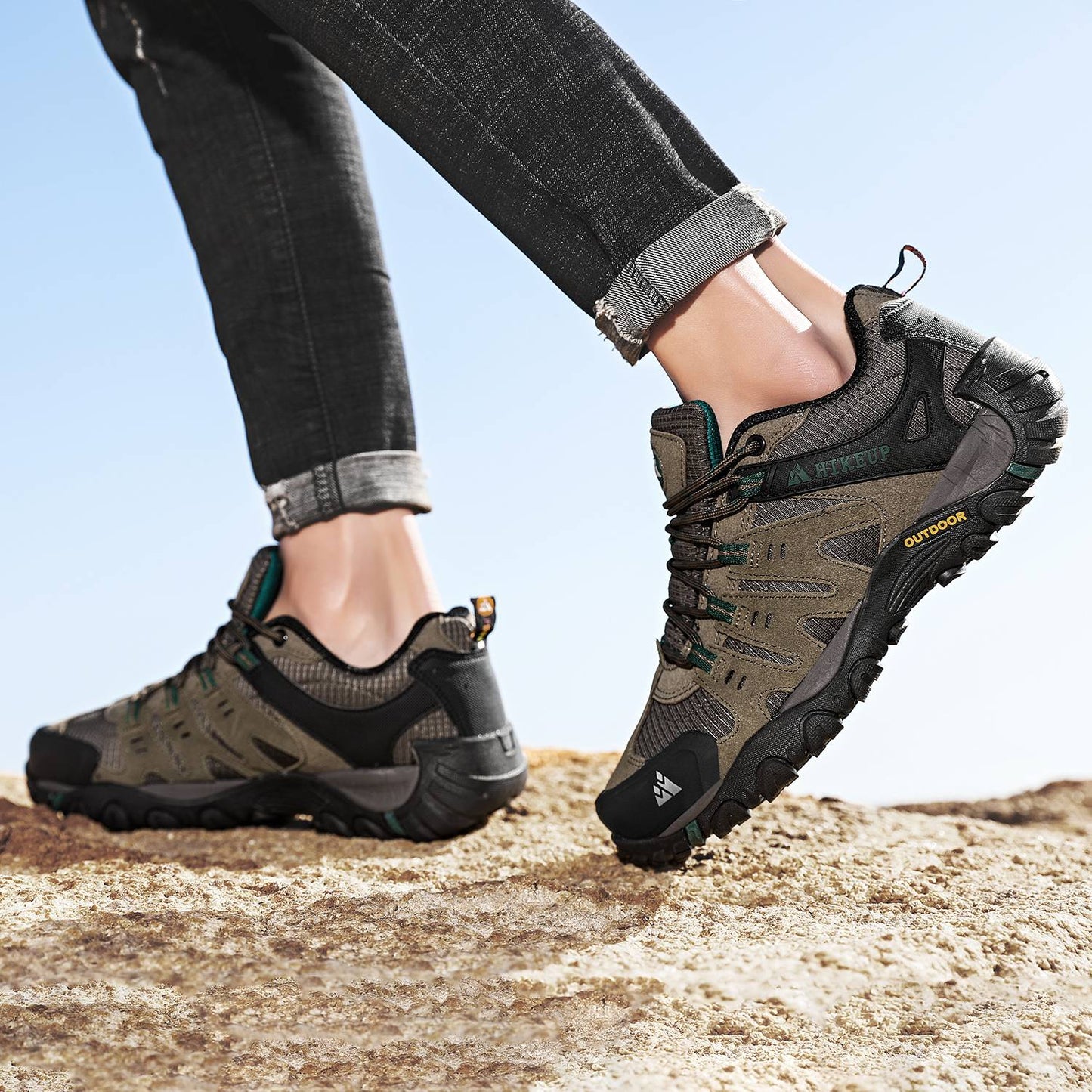 HIKEUP Tênis Masculino de Caminhada em Couro Camurça, Calçados Outdoor Resistentes ao Desgaste Masculinos para Trekking, Caminhada, Caça e Tênis Táticos