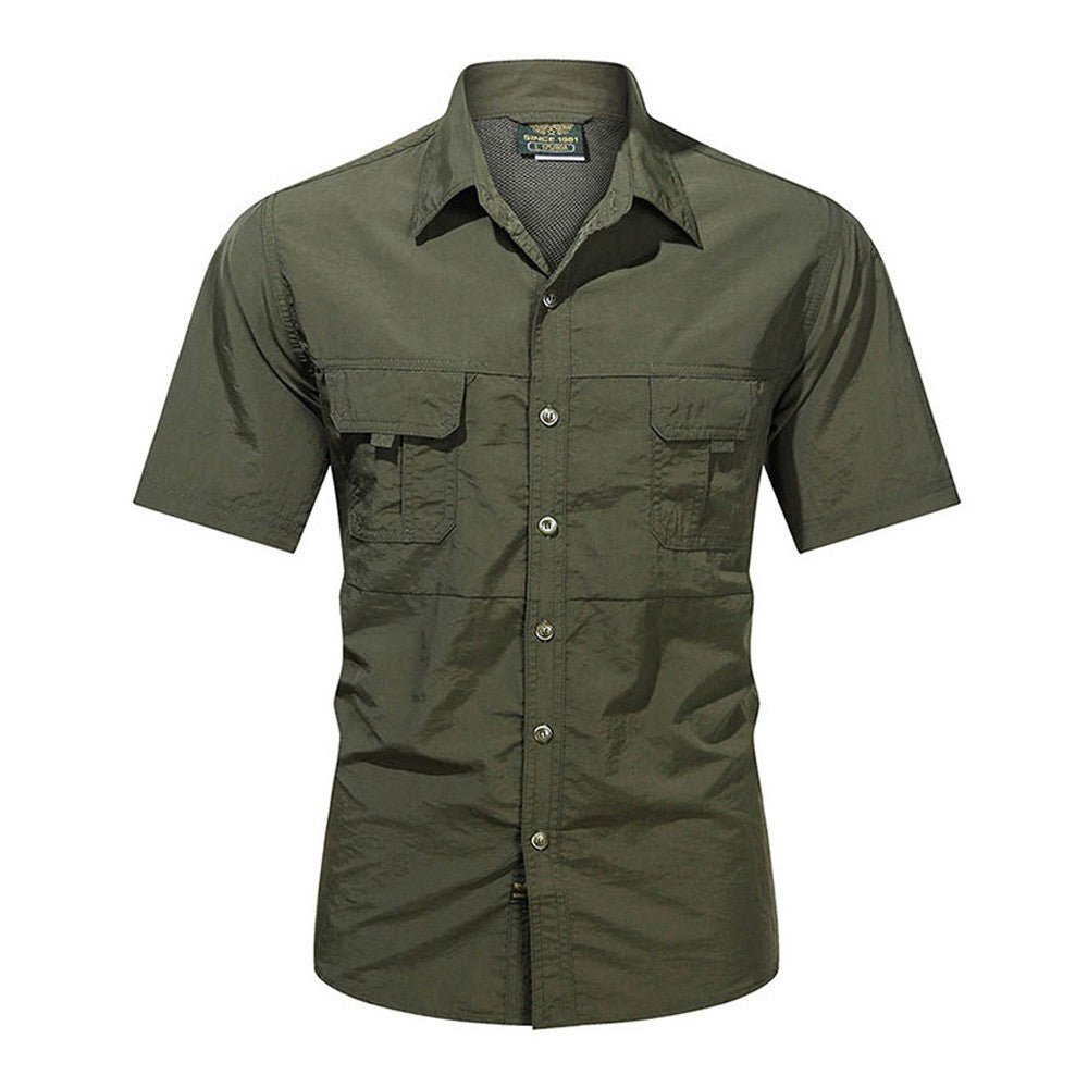 2025 Summer Cargo Shirts for Men Short Sleeve 2-Pocket Outdoor Casual Shirt Quick-dry Tops Lapel Single-Breasted Men's Shirts