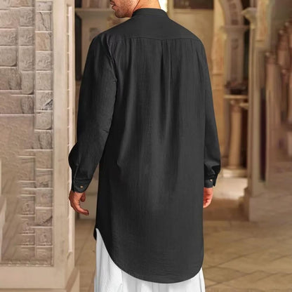 Men's Cotton Linen Kaftan Robe – Long Sleeve Button-Up Thobe for Prayer, Casual & Arabic Style | Breathable & Comfortable