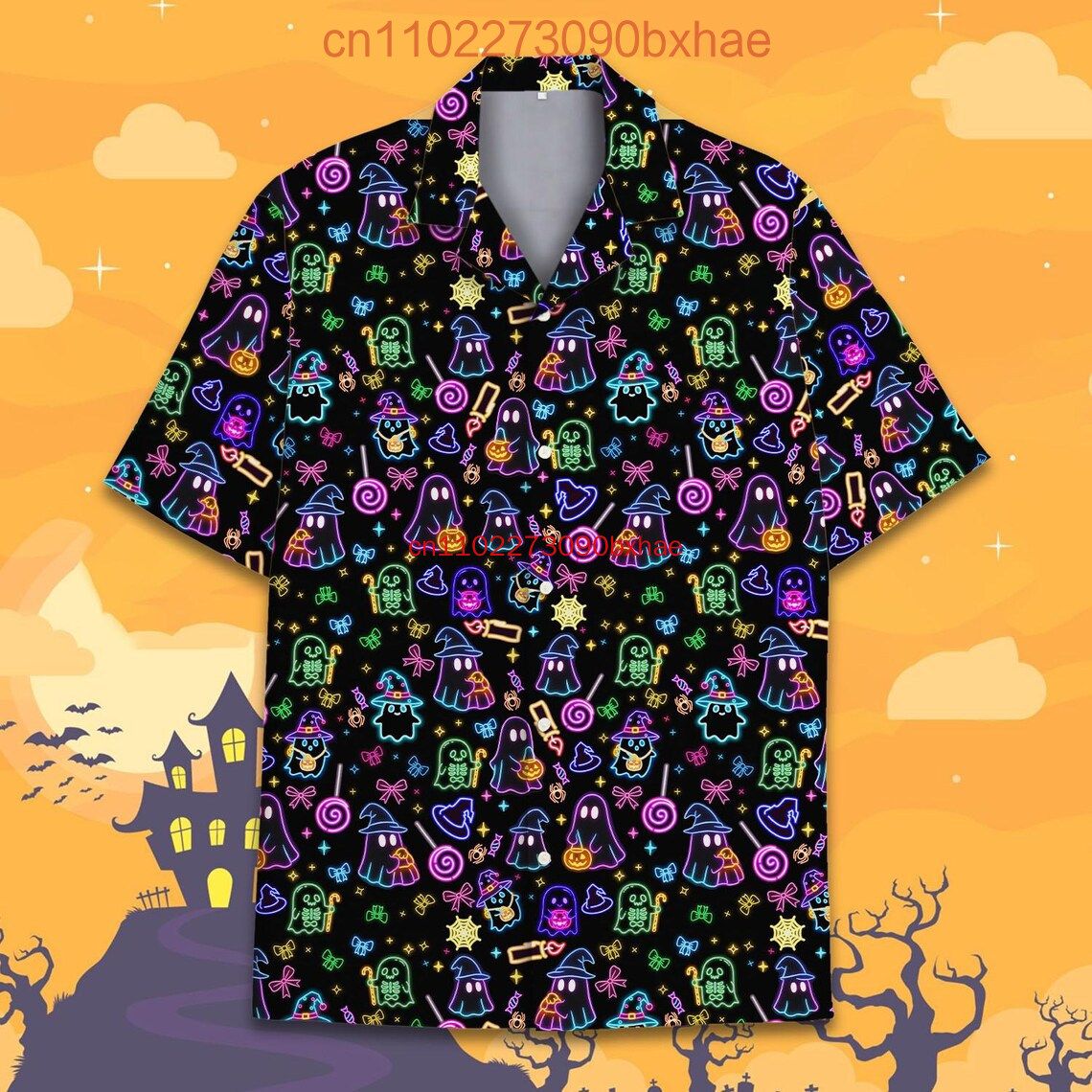 Cute Cowboy Ghost Hawaiian Shirt for Men Women Youth Funny Pumpkin Halloween Shirt Kawaii Spooky Spirit Button Down Party Shirt