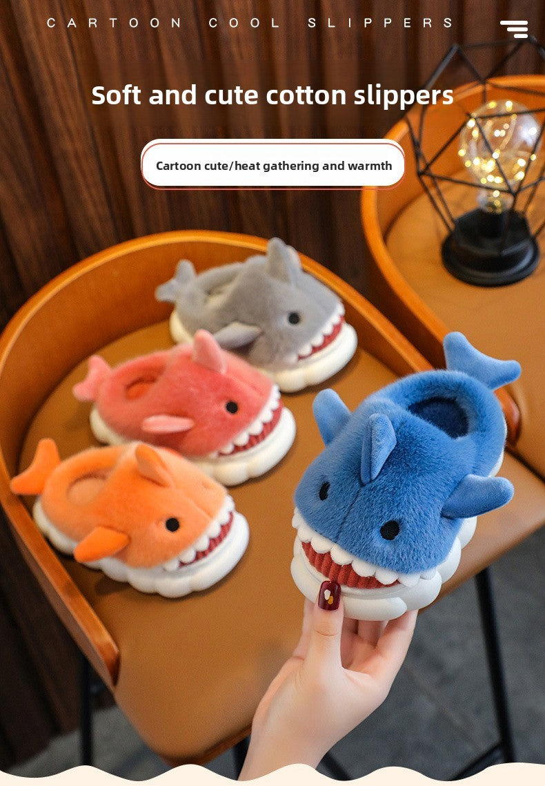 Winter Heel Wrap Cotton Children's Slippers Cute Cartoon Shark Non-slip Soft Sole Kids Boys Girls Junior Warm Plush Home Shoes