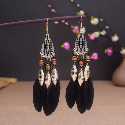 Brincos femininos longos de pena estilo boho, praia, com borla longa, miçangas, flores artesanais esmaltadas, para noiva, casamento, Pendientes Mujer