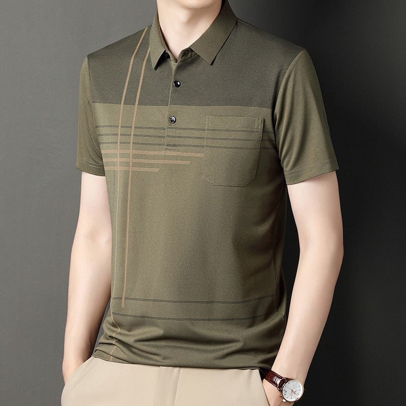 Summer New Men's Color Blocking Polo Shirt Pocket Button Up T-shirt Casual Slim Fit Comfortable Short Sleeved Breathable Top