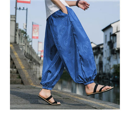 FGKKS 2023 Outdoor Brand Pants For Men Lce Silk Dragon Dark Flower Loose Bloomers High Quality Wide Leg Casual Trousers Male