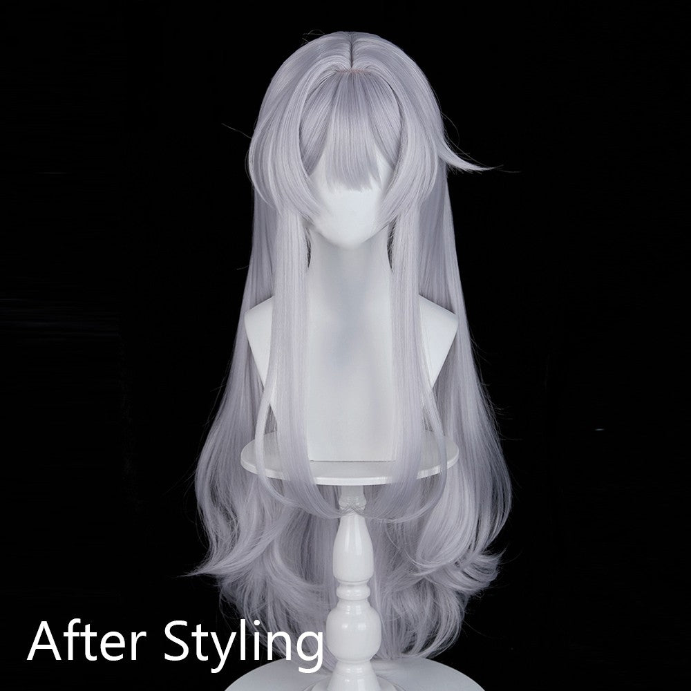 Long Wavy Silver Synthetic Wigs with Bangs Anime Game Cosplay Fluffy Heat Resistant Wig for Daily Party
