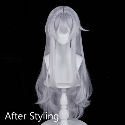 Long Wavy Silver Synthetic Wigs with Bangs Anime Game Cosplay Fluffy Heat Resistant Wig for Daily Party
